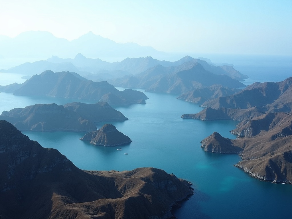 Layered island ridgelines and blue channels in Komodo National Park at the western end of the Flores arc