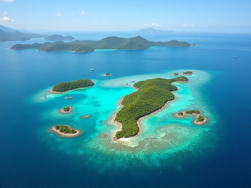 Scattered small islands over calm turquoise shallows evoking the Riung 17-Islands off central Flores