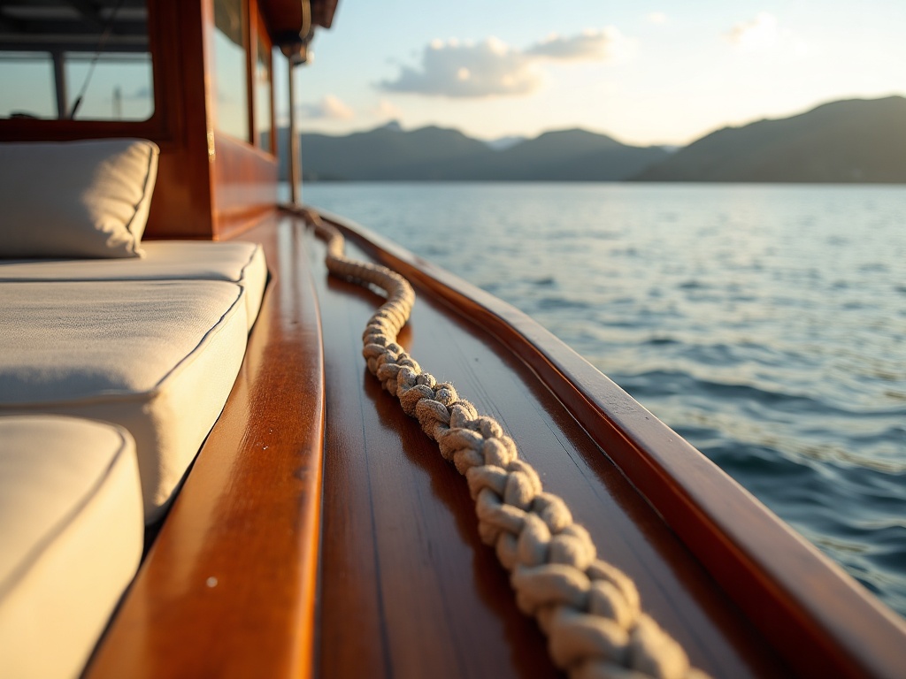 Teak deck of a crewed private yacht at anchor looking toward distant volcanic hills near Maumere in eastern Flores