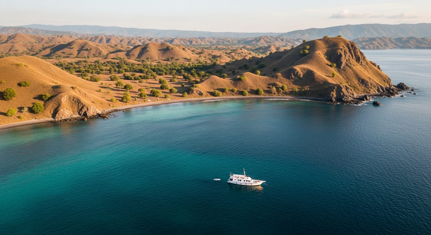 Aerial view of golden savanna headlands meeting turquoise sea in the Flores region with a lone yacht anchored in a bay